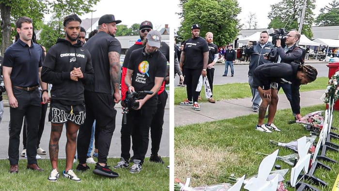 Damar Hamlin at a vigil for victims of the Buffalo shooting in May
